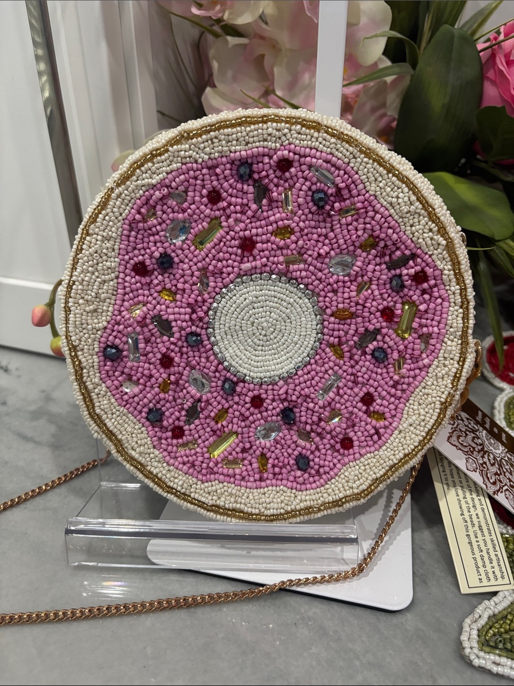 Round Pink doughnut Beaded Crossbody Bag with Decorative Gem Accents